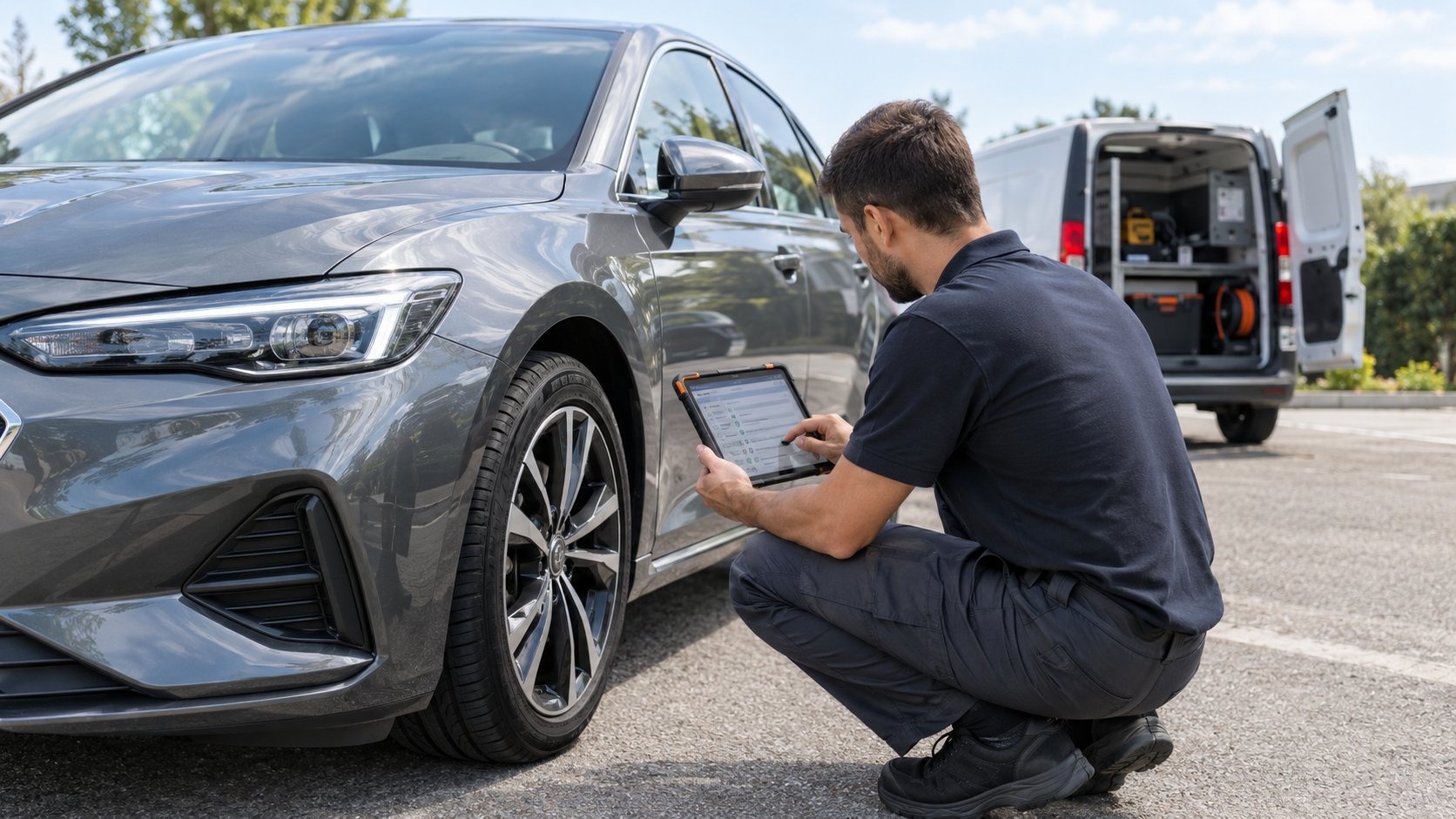 Inspecteur MALLOULIAUTO sur site, tablette en main, saisie d'un constat près du véhicule utilitaire de service