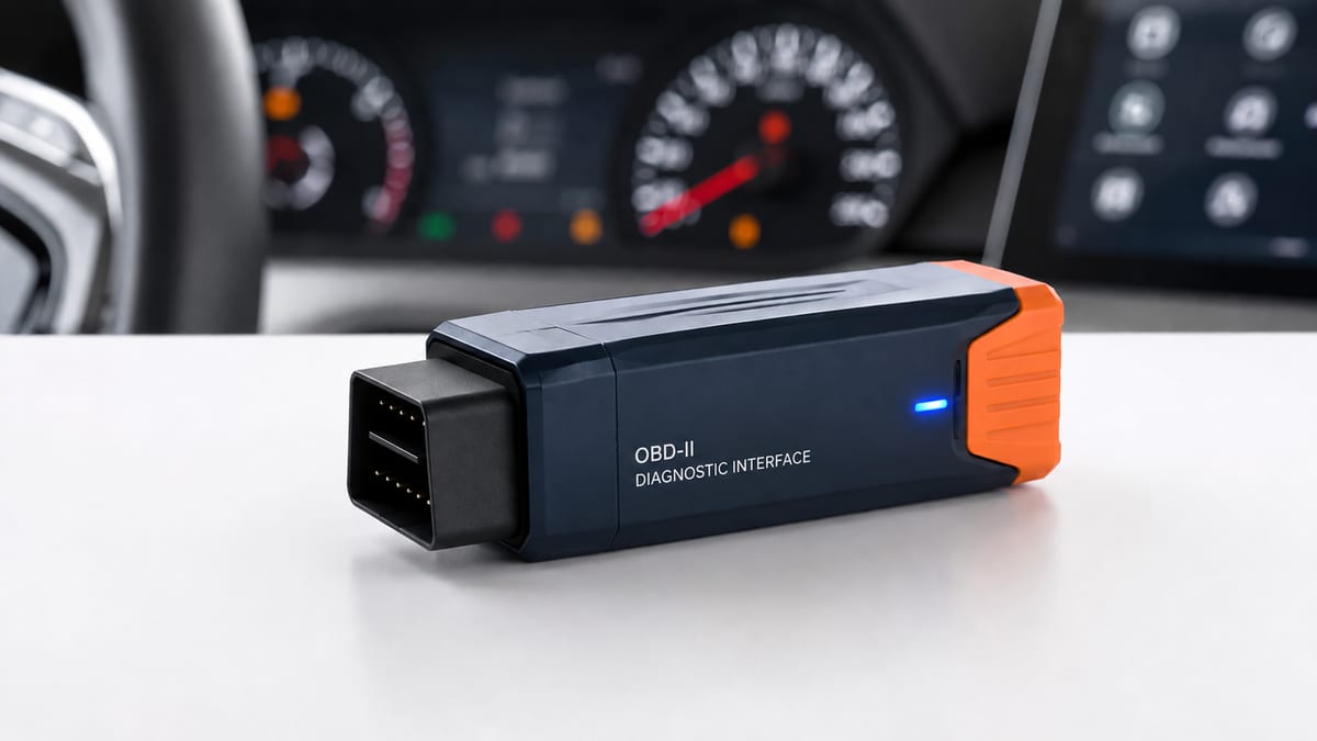 Boîtier de diagnostic OBD-II, marine et orange, posé devant un tableau de bord