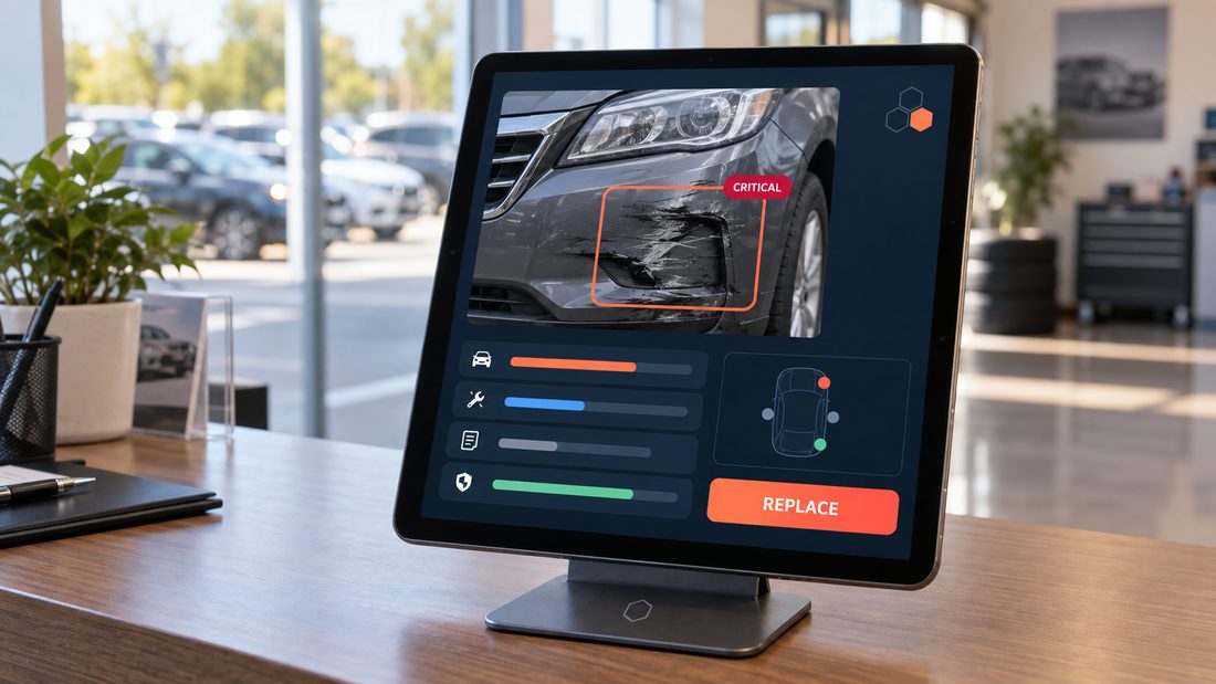 Tablette affichant une photo de pare-chocs avant rayé, encadré par le module vision, avec une gravité « critique » et l'action « remplacer »