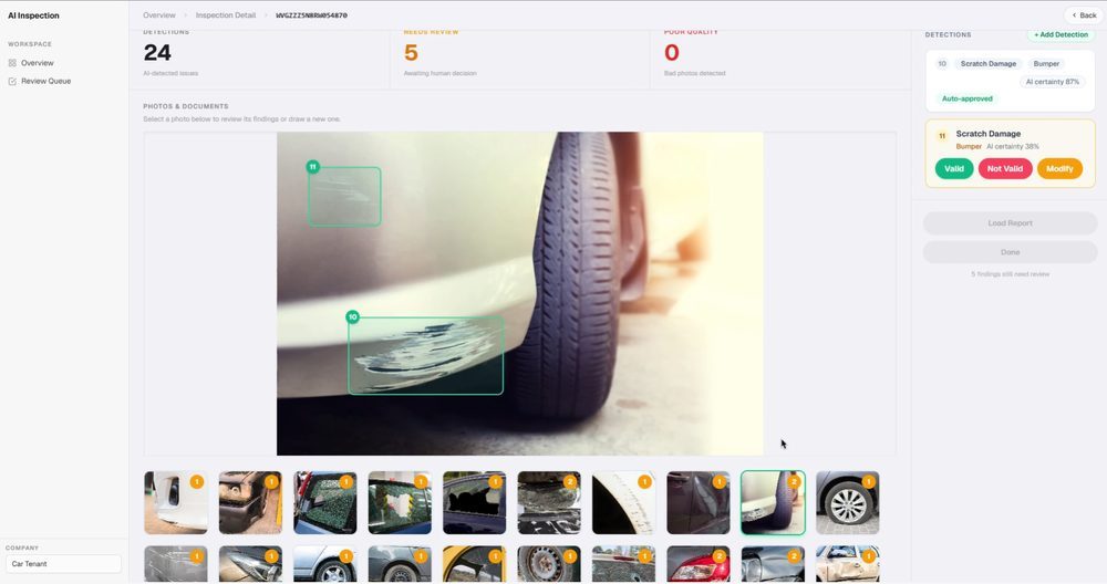 Interface du prototype : photo d'un pare-chocs avec deux dommages encadrés, et un panneau de détections où chaque proposition est validée, rejetée ou modifiée